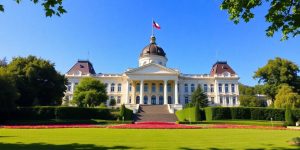 Palatul Parlamentului în România, cu cer albastru.