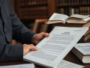 Persoană citind un document legislativ înconjurată de cărți.