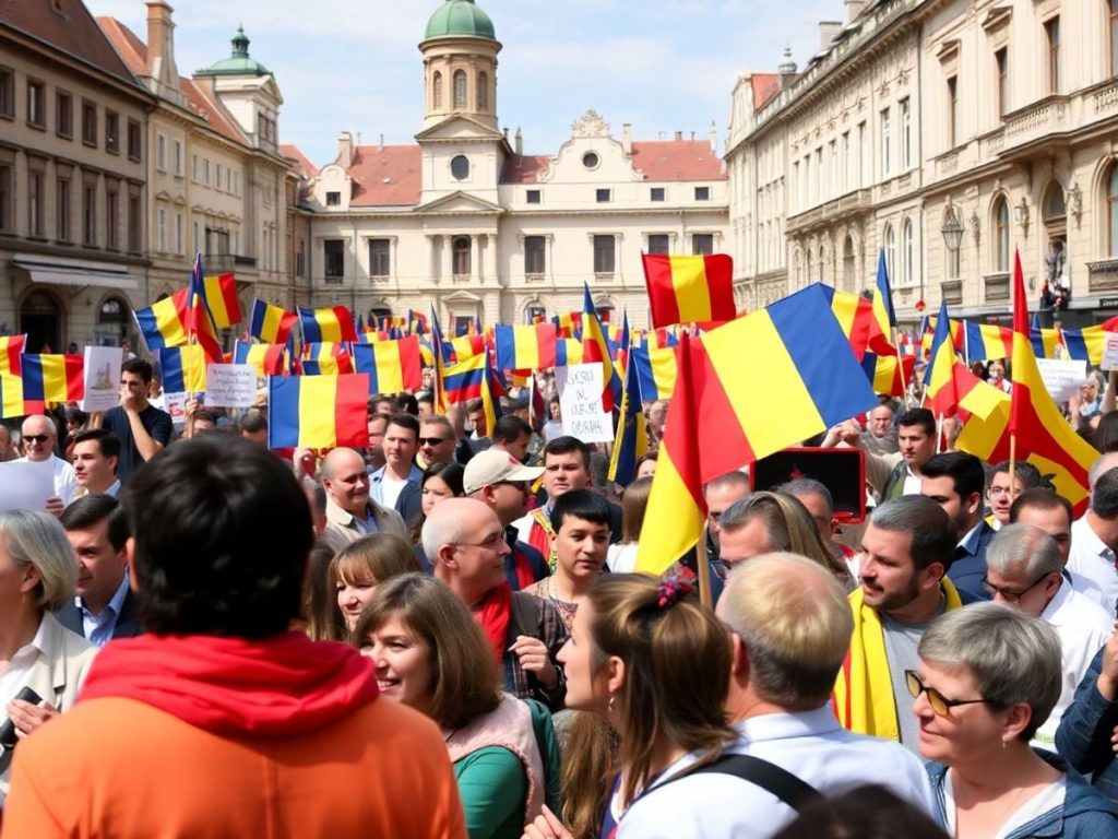 Rally politic in România cu suporteri diversificați.