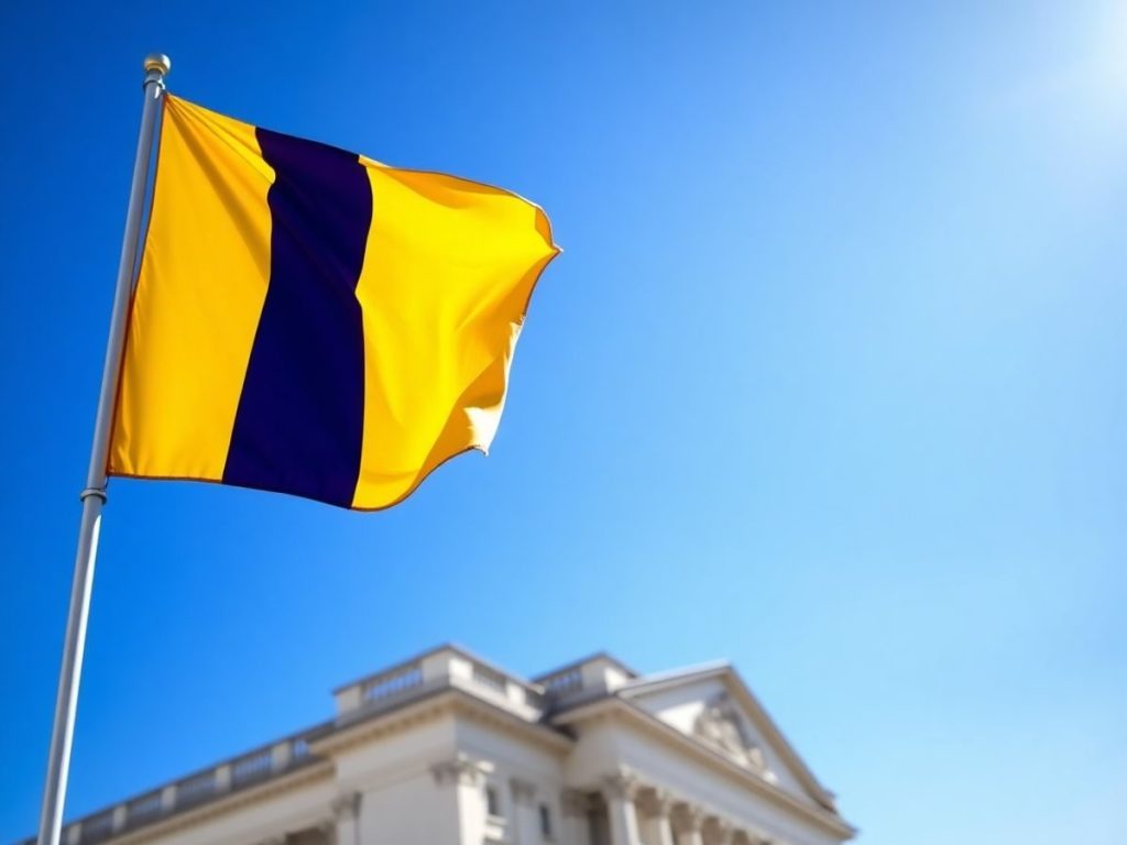 Drapelul românesc fluturând, clădiri guvernamentale în fundal.