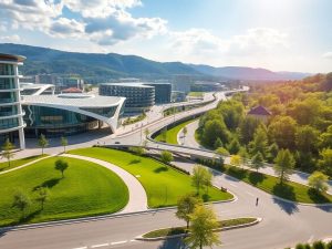 Clădiri moderne, luminoase, infrastructură nouă, drumuri, natură.