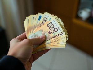 O mână numărând bani, cu un fundal estompat.