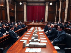 Politicieni în sală parlamentară, birouri cu bancnote și coloane marmură