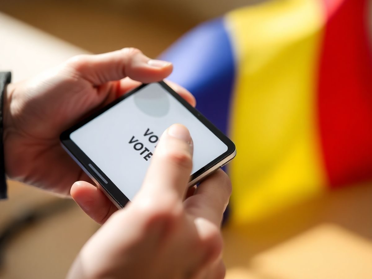 Om votând pe telefon, cu steag românesc