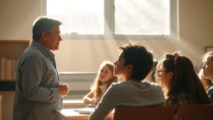 Elevi într-o sală de clasă, atenți la lecție.