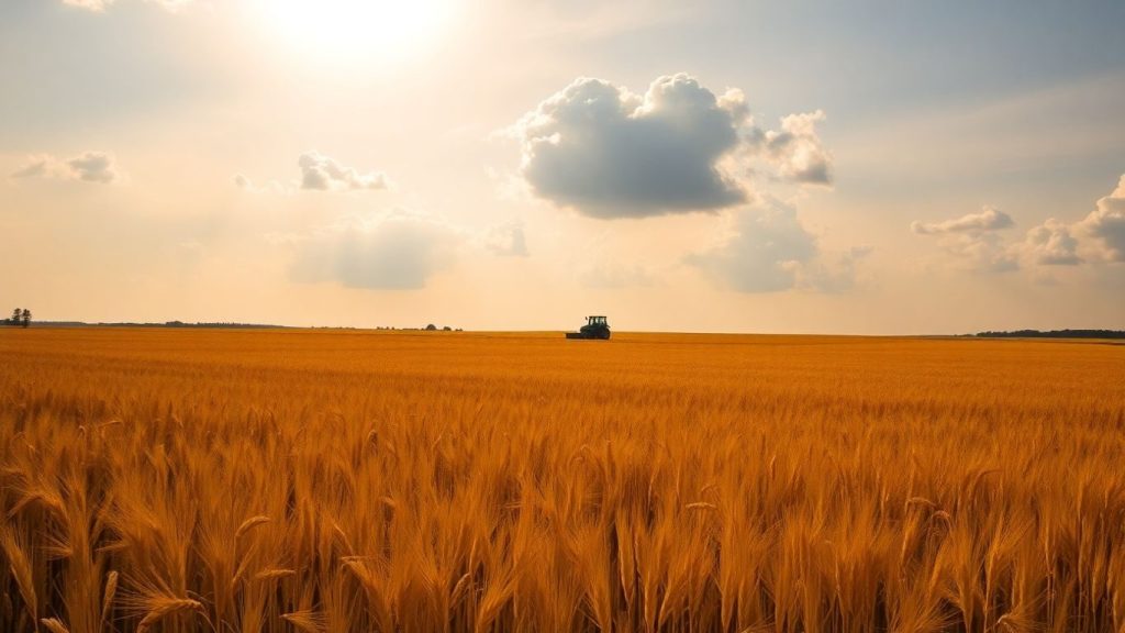 Schimbările climatice și impactul lor asupra politicilor agricole românești 1 Câmp de grâu românesc sub cer înnorat, cu un tractor.