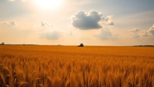 Câmp de grâu românesc sub cer înnorat, cu un tractor.