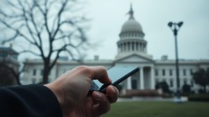 Persoană verifică telefonul lângă clădire guvernamentală