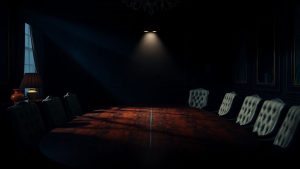 O cameră de lobby luxoasă, cu umbre și un punct de lumină.